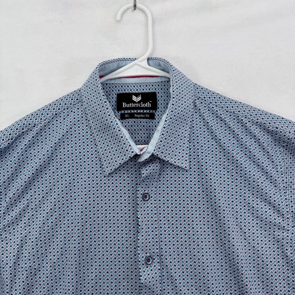 Butter Cloth Shirt Mens XL Blue Geometric Regular Fit Stretch Button Up - Picture 2 of 7